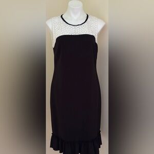 KARL LAGERFELD Black & White Midi Shift Dress Sz 10. Ruffle Hem. & Net Bodice